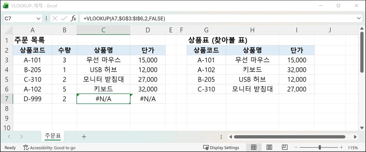상품표에 없는 상품코드 D-999를 VLOOKUP으로 찾아 C7과 D7 셀에 #N/A 오류가 표시된 화면