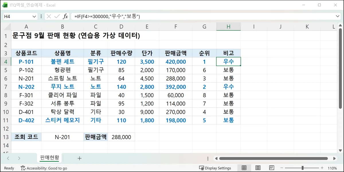 Microsoft Excel H4 셀에 IF 수식을 넣어 판매금액 30만 원 이상이면 우수, 아니면 보통이 나오게 한 연습 예제 화면